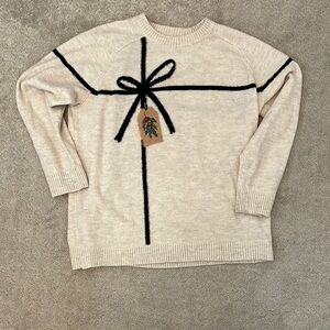 LOFT Cream and Black Crew Neck Sweater with Ribbon Detail